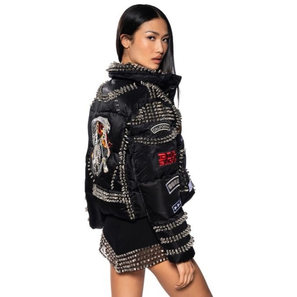 ACDC SPIKED PATCH PUFFER COAT IN BLACK NWT - Picture 5 of 16